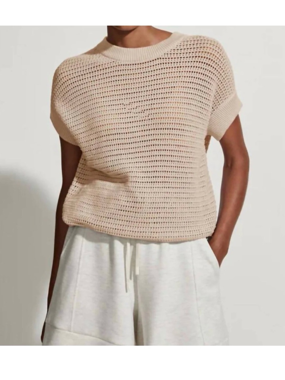 Varley Corvallis Light Taupe Open-Knit Short Sleeve Sweater